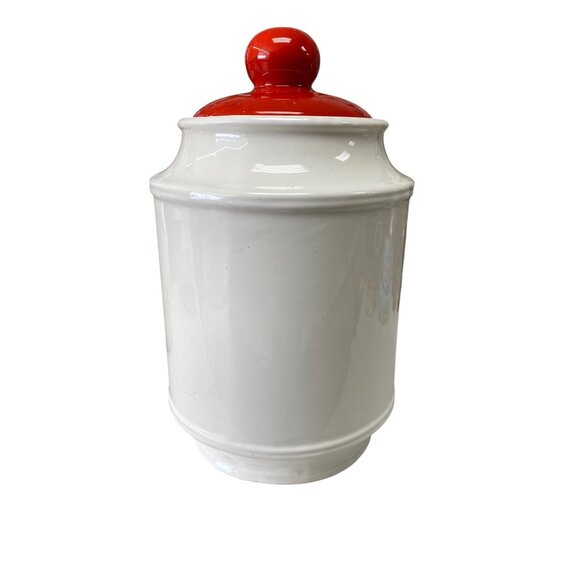 Vintage Italian Ceramic Canister With Hand-Painted Fruit Motif & Red Lid - Picture 2 of 9